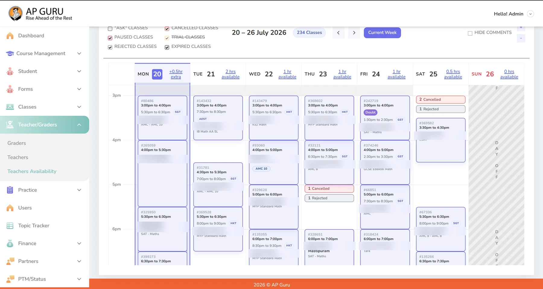 What replaced it — a portal with structured classes, teacher availability, and status at a glance (names blurred).