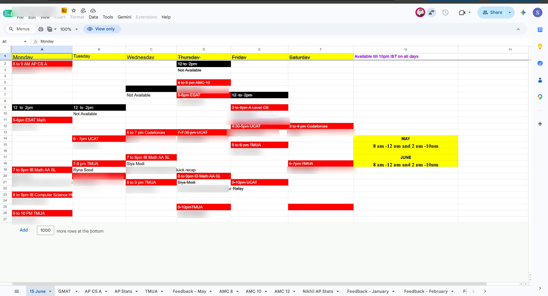 The old scheduling spreadsheet — colour-coded by hand, full of strikethroughs and pasted links, past its breaking point (names blurred).